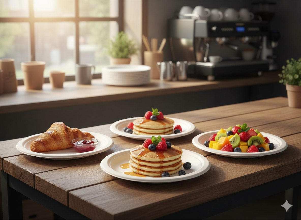 Breakfast setting with pancakes, fruit, and croissant on a 7" Round Bagasse plate on a wooden table
